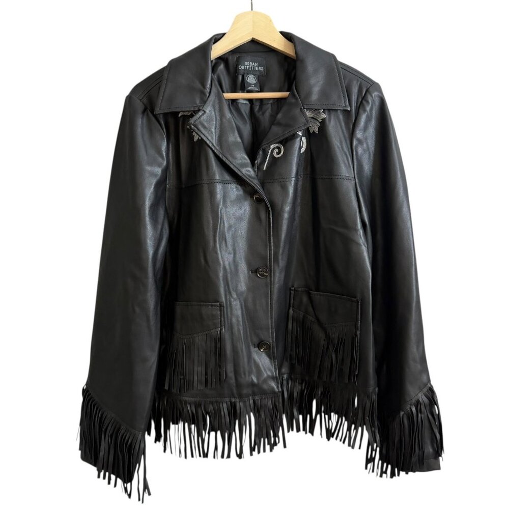 Urban Outfitters Womens Western Embroidered Fringe Faux Leather Jacket Black‎ L